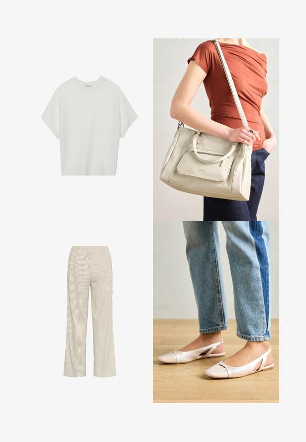 White short-sleeve t-shirt with a wide crew neck and textured ribbed pattern, made of soft fabric, featuring a relaxed fit and a clean design.; Light beige striped pants with a loose fit, featuring an elastic waistband and vertical lines that create a textured appearance.; Pale pink slingback flats with a pointed toe, made from a smooth leather-like material. Features cut-out details at the sides and a flat heel.; White leather handbag with dual handles and a detachable strap, featuring a front zip pocket and smooth texture. Carrying on a person's arm.
