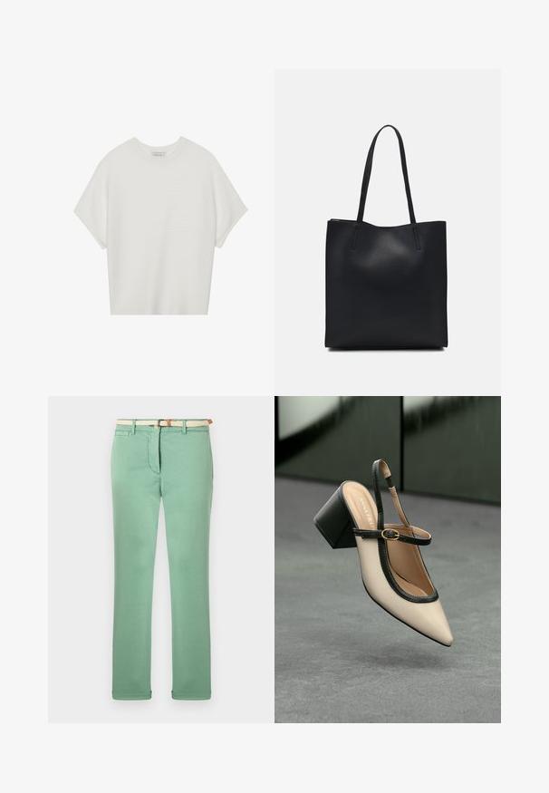 Fehér, rövid ujjú póló széles kerek nyakkivágással és textúrázott, bordás mintával, puha anyagból készült, laza fazonú és letisztult dizájnú.; Világoszöld, pamutból készült nadrág, egyenes szárú fazonnal, szőtt bézs övvel és elülső zsebekkel. Simaság jellemzi, minimalista varrással.; Beige, hegyes orrú, pántos cipő fekete díszítéssel, arany csattal és vastag blokk sarokkal, szürke padlón, sötétzöld háttér előtt.; Fekete bőrtáska sima felszínnel, téglalap alakú, két hosszú füllel. Nincs látható fémkiegészítő vagy díszítés.