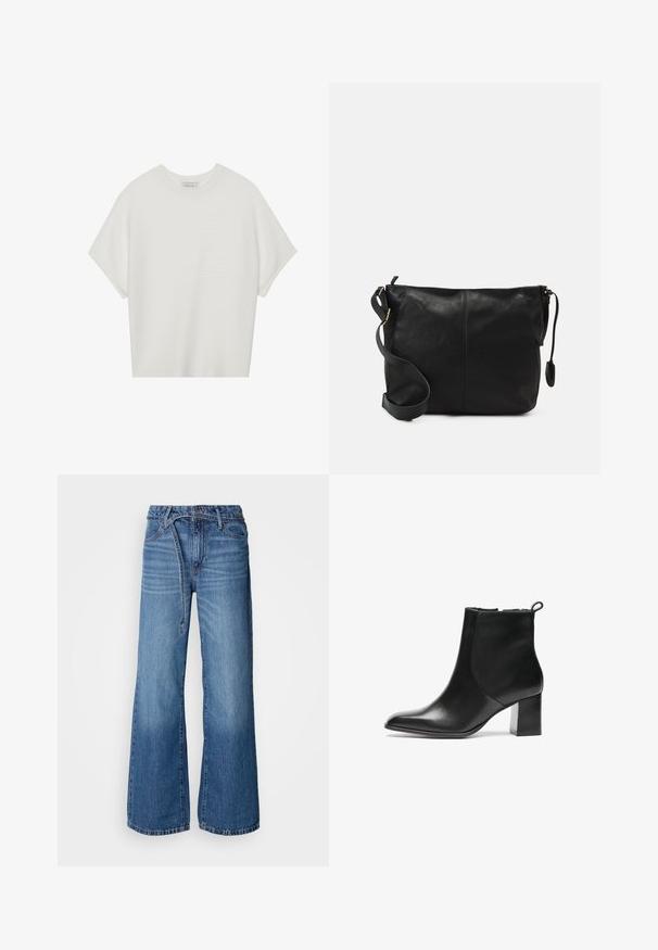 Camiseta branca de mangas curtas com um decote careca largo e um padrão texturizado canelado, feita de tecido suave, com um corte relaxado e um design limpo.; Jeans largos de cor azul clara feitos de denim. Apresentam uma cintura alta, costura visível e um cinto de laço. Textura desbotada na parte inferior.; Bota de tornozelo em pele preta com bico arredondado, um salto bloco de altura média e uma aba de puxar na parte de trás. Textura suave, design minimalista.; Mala de ombro em couro preto com forma plana, detalhes em metal dourado e alça ajustável. Textura suave com detalhes de costura mínimos.