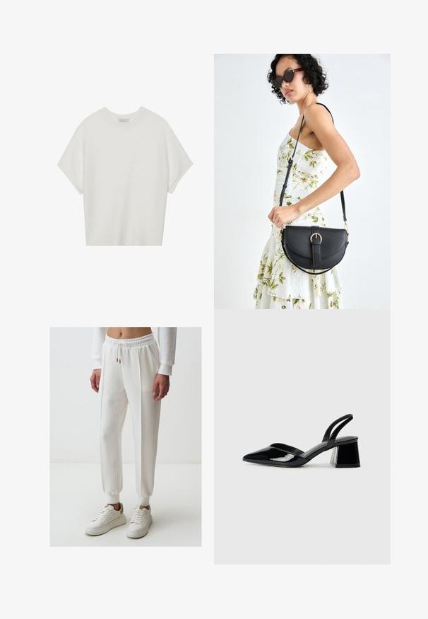 Biała koszulka z krótkim rękawem o szerokim dekolcie, wykonana z miękkiego materiału, z fakturowanym prążkowanym wzorem, charakteryzująca się luźnym krojem i minimalistycznym designem.; Białe spodnie dresowe z elastycznym pasem, detalem w postaci sznurka, bocznymi kieszeniami i zwężanymi nogawkami, w połączeniu z białymi trampkami.; Czarne lakierowane półbuty na obcasie z wydłużonym noskiem i geometrycznym słupkiem. Charakteryzują się eleganckim, minimalistycznym designem oraz gładką fakturą.; Czarna skórzana torebka o zakrzywionym kształcie, z odpinanym paskiem i złotymi akcentami. Torebka posiada klapę z zapięciem w kształcie klamry.