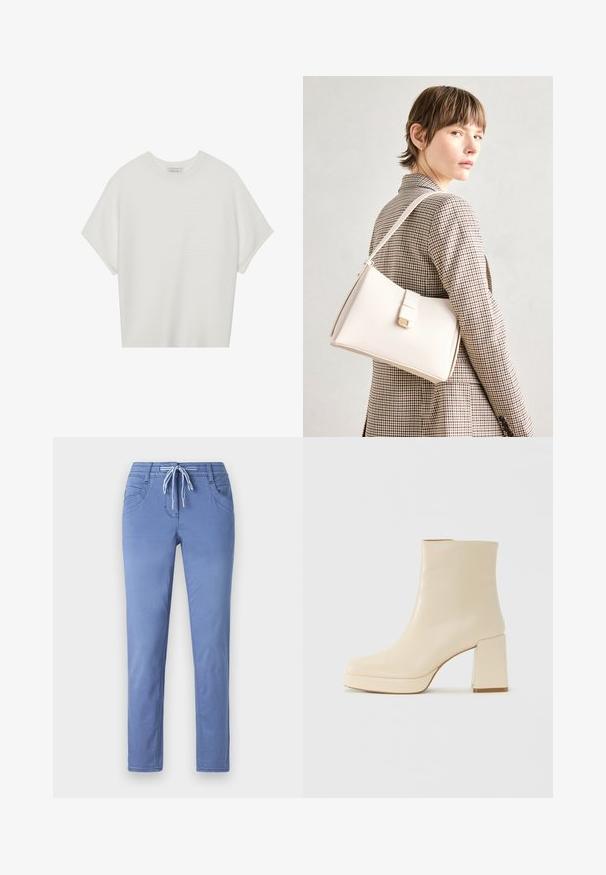 Balta īsā piedurknē T-krekls ar plašu apļa kaklu un teksturētu ribu rakstu, izgatavots no mīksta auduma, ar brīvu piegriezumu un tīru dizainu.; Gaiši zilas bikses ar aukliņu viduklī, divi priekšējie kabatas un šaura piegriezuma. Audums ir mīksts, ar smalkiem šuvju detaļām.; Beige ādas potītes zābaki ar blokveida papēdi un platformas zoli, gluda virsma un nedaudz kvadrātveida purngali, vērsti pa kreisi uz balta fona.; Balta ādas rokassoma ar strukturētu dizainu, kurai ir magnētiska aizdare un plecu josta, parādīta uz neitrāla fona.