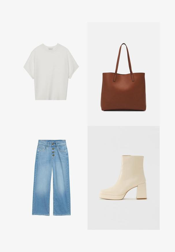 Balta īsā piedurknē T-krekls ar plašu apļa kaklu un teksturētu ribu rakstu, izgatavots no mīksta auduma, ar brīvu piegriezumu un tīru dizainu.; Gai zilo platā kāju džinsu auduma bikses ar augstu jostasvietu, piecu pogu priekšpusi un divām priekšējām kabatām. Gluda tekstūra visā virsmā.; Beige ādas potītes zābaki ar blokveida papēdi un platformas zoli, gluda virsma un nedaudz kvadrātveida purngali, vērsti pa kreisi uz balta fona.; Brūna ādas iepirkumu soma ar gludu tekstūru, atvērta augšdaļa un divas plecu siksnas. Izceļas ar minimālām šuvēm un redzamu aparatūru nav.