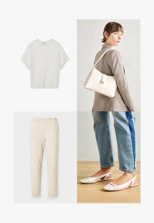 Camiseta branca de mangas curtas com um decote careca largo e um padrão texturizado canelado, feita de tecido suave, com um corte relaxado e um design limpo.; Calças de algodão bege com um cós franzido, design de perna reta e sem padrões visíveis, apresentando uma textura suave e bainha simples.; Sapatilhas slingback de cor rosa pálido com bico fino, feitas de um material semelhante a couro liso. Apresentam detalhes recortados nas laterais e um salto plano.; Bolsa de mão em couro branco com um design estruturado, apresentando um fecho magnético e uma alça de ombro, exibida sobre um fundo neutro.