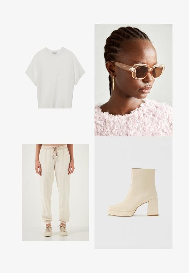 Camiseta blanca de manga corta con cuello redondo amplio y patrón acanalado texturizado, hecha de una tela suave, con un corte relajado y un diseño limpio.; Pantalones jogger de color beige claro con cinturilla elástica y cordón, que cuentan con dos grandes bolsillos frontales y puños elásticos en los tobillos.; Botín de cuero beige hasta el tobillo con tacón bloque y suela de plataforma, de acabado liso y puntera ligeramente cuadrada, mirando a la izquierda sobre fondo blanco.; Gafas de sol beige de gran tamaño con una montura transparente y lentes tintados marrones, que presentan sutiles acentos florales y un diseño geométrico audaz.