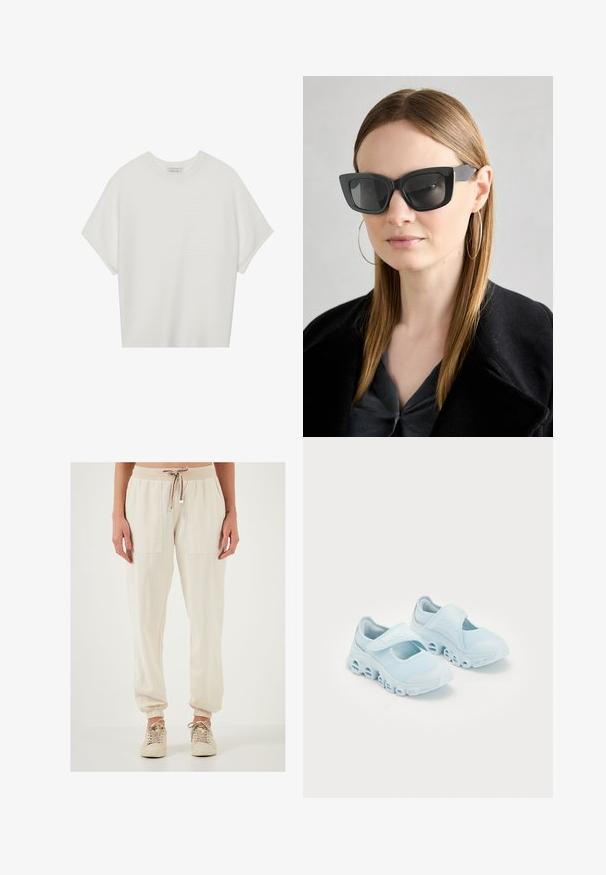 White short-sleeve t-shirt with a wide crew neck and textured ribbed pattern, made of soft fabric, featuring a relaxed fit and a clean design.; Light beige jogger pants with elastic waistband and drawstring, featuring two large front pockets and elastic cuffs at the ankles.; Light blue sneakers with mesh fabric, prominent cut-outs in the sole, and a Velcro strap across the top for secure fit.; Black cat-eye sunglasses with dark lenses, thick frames, and subtle accents. Worn with a black coat and gray top, featuring long straight hair.