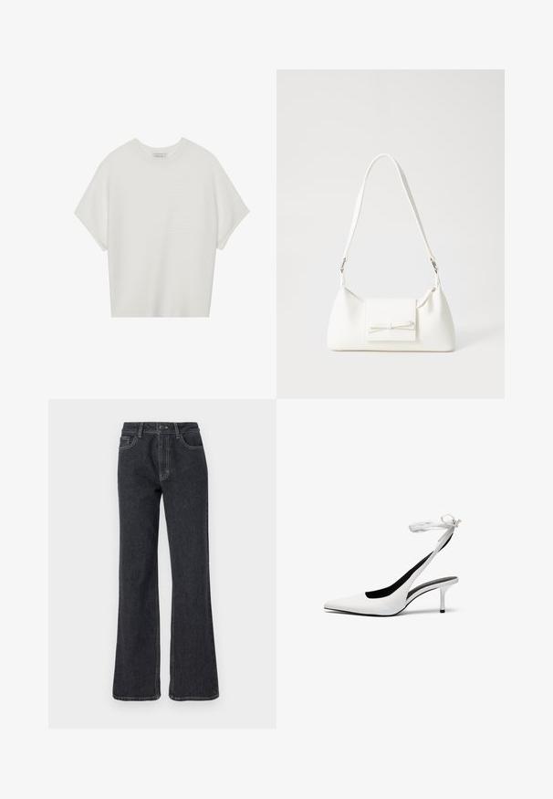 Hvit t-skjorte med korte ermer, bred rund hals og teksturert ribbet mønster, laget av myk stoff, med en avslappet passform og et enkelt design.; Mørke denim flared jeans med høyt liv, med gyldne sømmer, fem lommer og knappelukking. Glatt tekstur, rett ben-design.; Hvite spisse slingback-hæler med tynn ankelrem. Glatt lærmateriale, tynn stiletthæl og svart innvendig foring.; Hvit syntetisk håndveske med trekantet form, flat klaff foran og sløyfe detaljer, justerbar stropp, glatt tekstur og minimalistisk design.