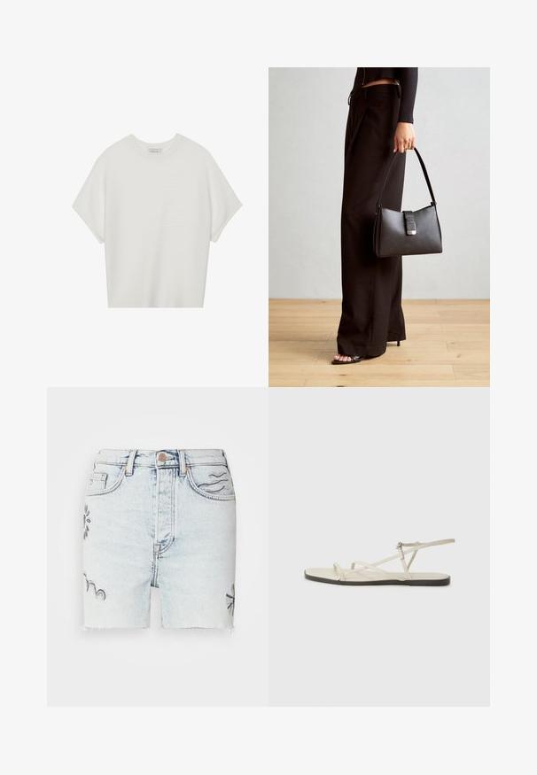 Bela majica s kratkimi rokavi in širokim ovratnikom ter teksturiranim rebrastim vzorcem, izdelana iz mehke tkanine, z udobnim krojem in čistim dizajnom.; Šortke iz svetlega jeansa imajo raztrgane robove, vezenine cvetličnih motivov v modri barvi ter tradicionalno zasnovo s petimi žepi in zaponko na kovinsko gumb.; Beige ravne sandale z več tankimi trakovi in nastavljivim zaponcem. Podplat je raven z rahlo temnim kontrastom na robu.; Črna torbica z strukturirano obliko, gladko teksturo in kovinskim zaponko. Ujemajo se z širokimi črnimi hlačami in odprtimi sandali na lesenem tleh.