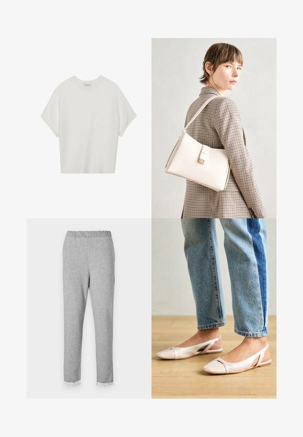 Hvit t-skjorte med korte ermer, bred rund hals og teksturert ribbet mønster, laget av myk stoff, med en avslappet passform og et enkelt design.; Grå joggebukser med elastisk midje, avsmalnet ben-design og brettet mansjett ved kanten. Myk tekstur uten synlige mønstre eller detaljer.; Lys rosa slingback leiligheter med spiss tå, laget av et glatt, læraktig materiale. Har utskjæringer på sidene og lav hæl.; Hvit lær veske med en strukturert design, med magnetlås og skulderstropp, vist mot en nøytral bakgrunn.