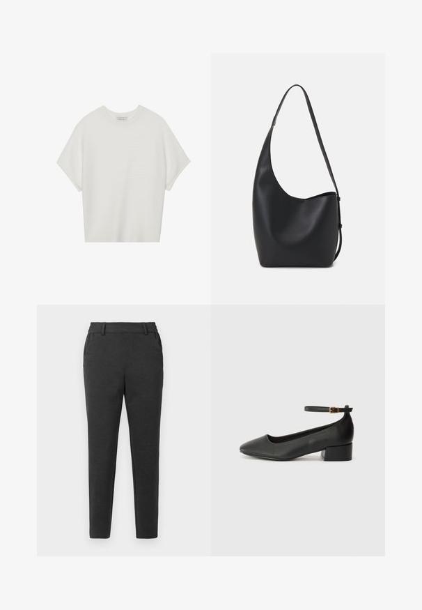 White short-sleeve t-shirt with a wide crew neck and textured ribbed pattern, made of soft fabric, featuring a relaxed fit and a clean design.; Dark gray slim-fit trousers with belt loops, side pockets, and a tapered leg design on a plain light background.; Black leather pump with a pointed toe and a low block heel. Features an ankle strap with a gold-tone buckle. Smooth texture.; Black leather hobo bag with a smooth texture, curved shape, and single adjustable strap; features a wide opening at the top.