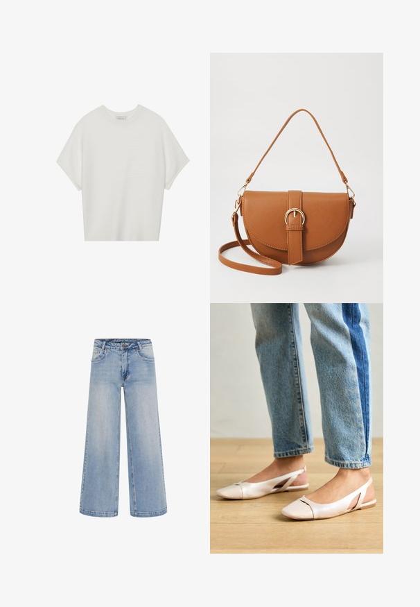 Witte T-shirt met korte mouwen, een brede ronde hals en een gestructureerd ribpatroon, gemaakt van zachte stof. Het shirt heeft een ontspannen pasvorm en een strakke uitstraling.; Lichtblauwe wijde jeans met een hoge taille, vijf zakken en contrasterende stiksels. Gemaakt van denim met een gladde textuur.; Zachtroze slingback ballerina's met een spitse neus, gemaakt van een glad leerachtig materiaal. Bevat uitsnijdingen aan de zijkanten en heeft een platte hak.; Bruine leren schoudertas met een gebogen vorm, gouden hardware en een gespaccent. Bevat een afneembare schouderriem.