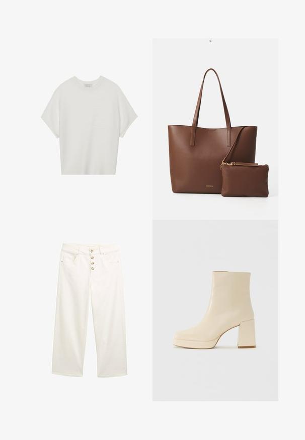 Witte T-shirt met korte mouwen, een brede ronde hals en een gestructureerd ribpatroon, gemaakt van zachte stof. Het shirt heeft een ontspannen pasvorm en een strakke uitstraling.; Witte wijde jeans met vijf knopen, voorzakken en een gladde textuur. Rechte pijpen met schone zomen en subtiele stiksels.; Beige leren enkelboot met blokhak en plateauzool, gladde afwerking en licht vierkante neus, gericht naar links op een witte achtergrond.; Bruine neplederen schoudertas met twee lange handvatten en een bijpassend klein pouch. Het oppervlak heeft een gestructureerd patroon en gouden hardware accenten.