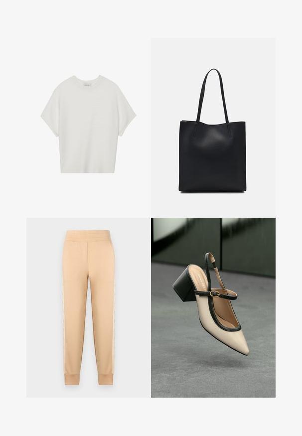 Camiseta branca de mangas curtas com um decote careca largo e um padrão texturizado canelado, feita de tecido suave, com um corte relaxado e um design limpo.; Calças de moletão bege com uma textura suave, apresentando um design afunilado, cintura elástica e painéis laterais com padrão.; Sandal de biqueira pontuda em bege com acabamento preto, fivela dourada e um salto bloco sólido, em um chão cinza com fundo verde escuro.; Bolsa tote preta em couro com textura lisa, forma retangular e duas alças longas. Sem hardware ou enfeites visíveis.