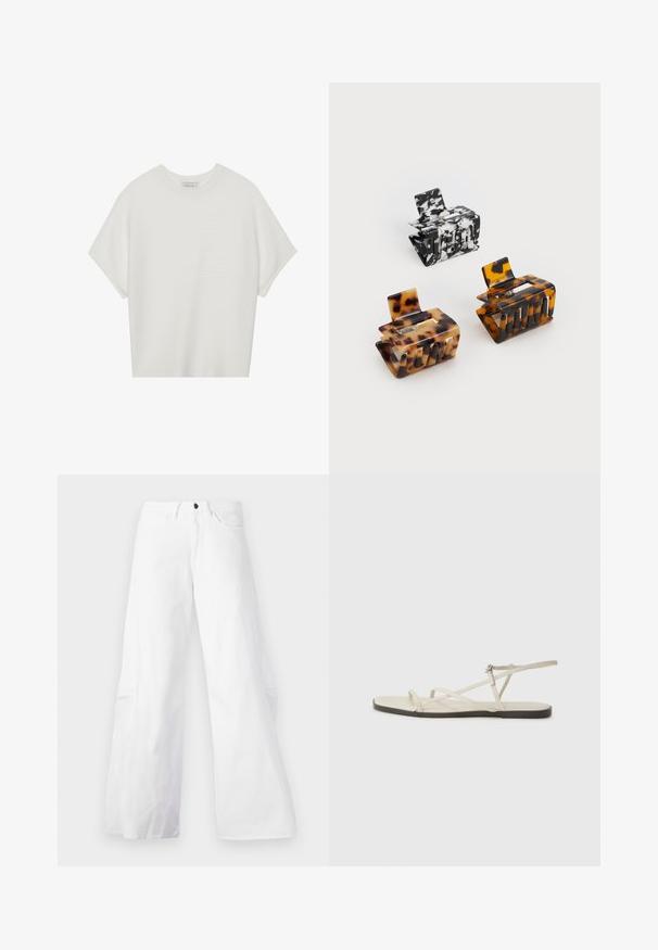 White short-sleeve t-shirt with a wide crew neck and textured ribbed pattern, made of soft fabric, featuring a relaxed fit and a clean design.; White wide-leg denim pants with a five-pocket design. Features a black button and zip fly closure. Smooth texture, straight silhouette.; Beige flat sandal with multiple slender straps and an adjustable buckle. The sole is flat with a slight dark contrast at the edge.; Three hair clips: one black and white marbled, two tortoiseshell in brown and black hues, all made of glossy plastic with a textured finish.