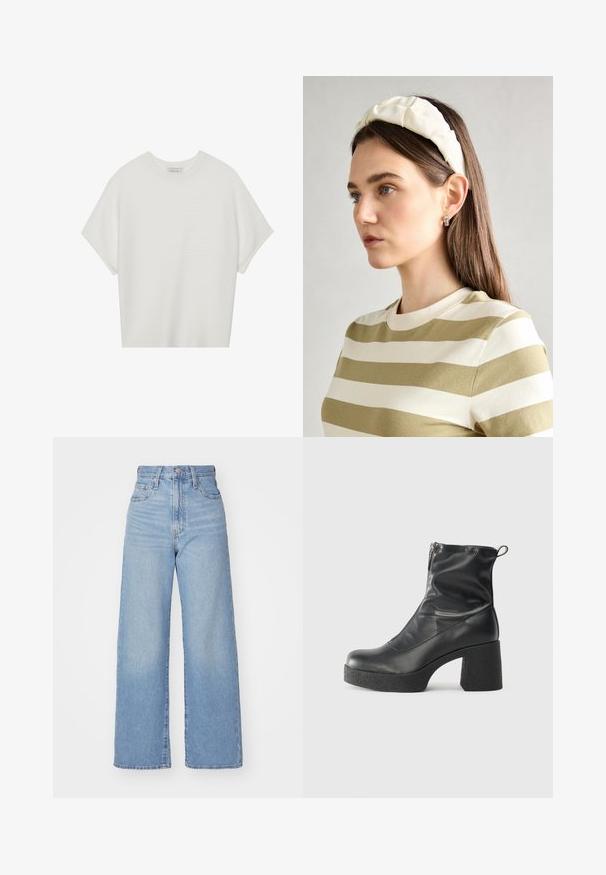 Balta trumpa rankovėmis marškinėliai su plačiu apykakle ir tekstūruotu gumbelių raštu, pagaminti iš minkštos medžiagos, pasižymintys laisvu siluetu ir tvarkingu dizainu.; Šviesiai mėlynos aukšto liemens plačios kojos džinsai su priekiniais užtrauktukais ir sagom, priekinėmis ir galinėmis kišenėmis, ant baltos fono.; Juodos kulkšninių botai, pagaminti iš lygaus odos, su šoniniu užtrauktuku, masyviu tekstūruotu kulnu ir apvaliu pirštu.; Kremo spalvos paminkštinta galvos juosta su suktiniu dizainu, derinama su smėlio ir baltos spalvos juostelėmis marškiniais, turinčiais apvalų iškirpimą. Subtilūs papuošalų akcentai.