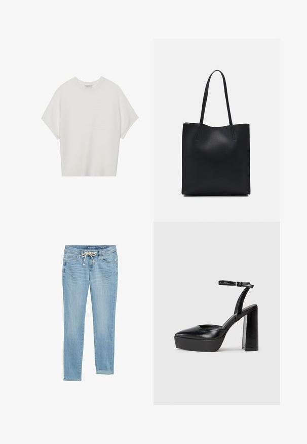 Witte T-shirt met korte mouwen, een brede ronde hals en een gestructureerd ribpatroon, gemaakt van zachte stof. Het shirt heeft een ontspannen pasvorm en een strakke uitstraling.; Lichtblauwe denim jeans met een rechte pasvorm, elastische drawstring taille, opgerolde cuffs en front pockets. Ontworpen met subtiele vervagingen.; Zwarte plateauhakken met een puntige neus en verstelbare enkelband. Gemaakt van soepel leer, met een robuuste blokhak.; Zwarte leren handtas met een gladde textuur, rechthoekige vorm en twee lange handvaten. Geen zichtbare hardware of versieringen.