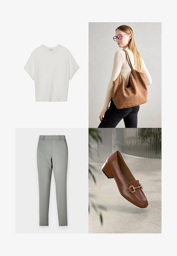 White short-sleeve t-shirt with a wide crew neck and textured ribbed pattern, made of soft fabric, featuring a relaxed fit and a clean design.; Light gray trousers with a tailored fit, made from a smooth fabric. Features a waistband with belt loops and side pockets, tapered leg design.; Brown patent leather loafer with square toe, metallic chain accent, and low block heel; smooth texture, minimalist design.; Brown suede tote bag with soft texture, large opening, and long straps. Features a simple design with visible stitching and no hardware.