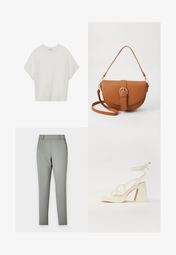 White short-sleeve t-shirt with a wide crew neck and textured ribbed pattern, made of soft fabric, featuring a relaxed fit and a clean design.; Light gray trousers with a tailored fit, made from a smooth fabric. Features a waistband with belt loops and side pockets, tapered leg design.; White high-heeled sandal with a chunky heel, featuring a strappy design and ankle tie. Smooth texture with a platform front for added height.; Brown leather crossbody bag with a curved shape, gold hardware, and a buckle accent. Features a detachable shoulder strap.