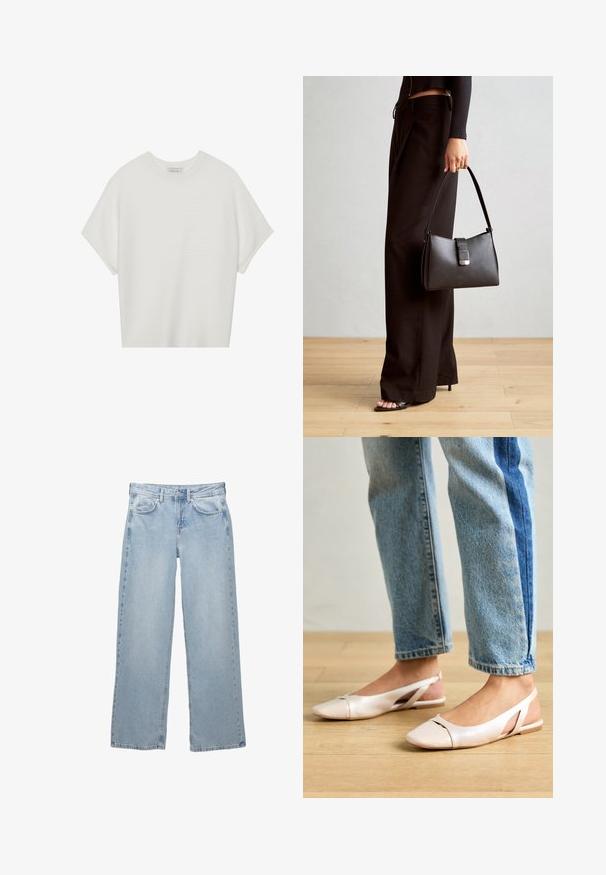 Bijela majica kratkih rukava s širokim okruglim izrezom i teksturiranim rebrastim uzorkom, izrađena od mekog materijala, s opuštenim krojem i čistim dizajnom.; Svijetloplave traperice širokog kroja, s patentnim zatvaračem i dugmetom, pet džepova i minimalnim šavnim detaljima.; Svijetlo ružičaste slingback balerinke s šiljastim vrhom, izrađene od glatkog materijala nalik koži. Sadrže izrezane detalje sa strane i ravnu petu.; Crna torba s oblikom koji sadrži strukturu, glađu teksturu i metalnu kopču. Uparena s širokim crnim hlačama i sandalama na otvorenom s drvenog poda.