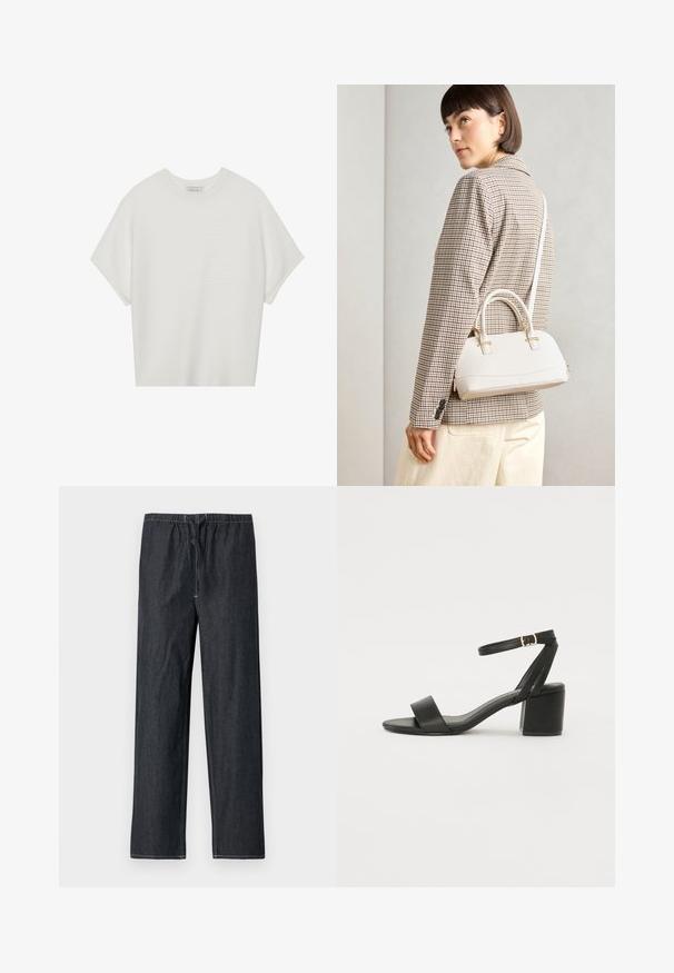 Bela majica s kratkimi rokavi in širokim ovratnikom ter teksturiranim rebrastim vzorcem, izdelana iz mehke tkanine, z udobnim krojem in čistim dizajnom.; Temne kavbojke iz jeansa z elastičnim pasom in vrvico za zategovanje, z ravnim krojem hlačnic in kontrastnimi šivi.; Črne sandale na peto z gladkim usnjenim zgornjim delom, odprtim nosom, širokimi sprednjimi trakovi in nastavljivim gležnjenčkom z zlatim zaponko.; Bela strukturirana torba z kratkimi ročaji in naramnim trakom, z zlatimi okrasnimi elementi in teksturiranim materialom, prikazana na sivi podlagi.