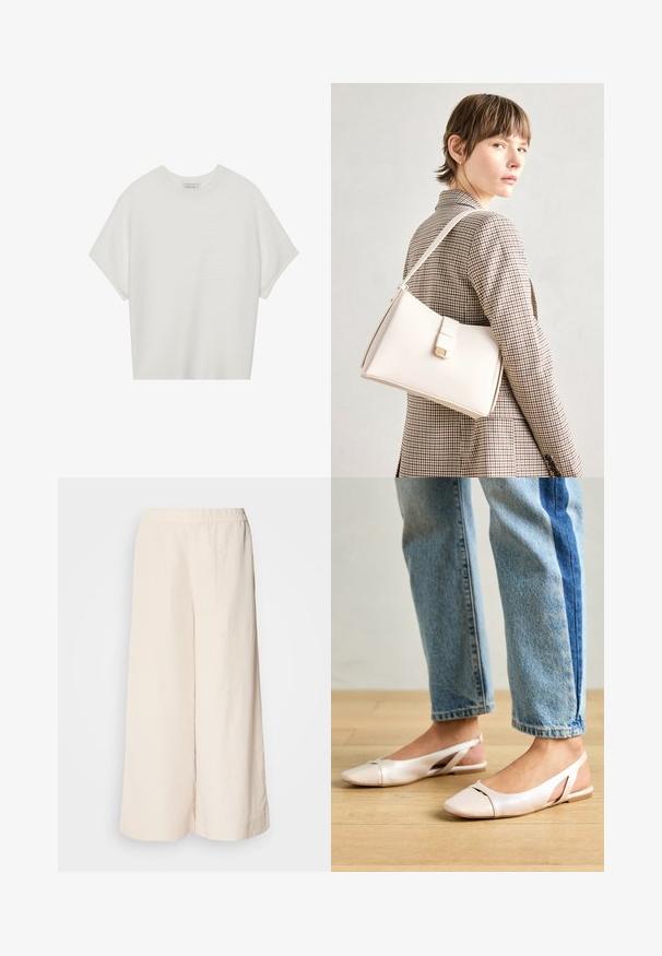Bijela majica kratkih rukava s širokim okruglim izrezom i teksturiranim rebrastim uzorkom, izrađena od mekog materijala, s opuštenim krojem i čistim dizajnom.; Krem hlače širokog kroja s elastičnim strukom, s opuštenim fitom i glatkom teksturom, prikladne za svakodnevno nošenje.; Svijetlo ružičaste slingback balerinke s šiljastim vrhom, izrađene od glatkog materijala nalik koži. Sadrže izrezane detalje sa strane i ravnu petu.; Bijela kožna torba s čvrstim dizajnom, s magnetskim kopčanjem i remenom za rame, prikazana na neutralnoj pozadini.