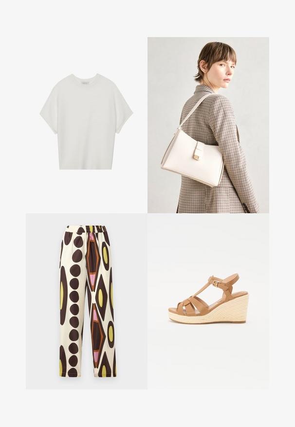 Valge lühikeste varrukatega T-särk laia ümaraha kaelusega ja tekstureeritud ribapatterniga, pehmest kangast, lõdva istuvuse ja puhta disainiga.; Elastse püksid kerge kangaga, mille taust on kreemivärvi ja mis on kaunistatud suurte pruuni, kollase, roosa ja oranži geomeetriliste mustritega.; Kohandatud tan värvi vitsseendiga sandaalid, millel on ristuv rihma disain, reguleeritav pahkluu pandla ning tekstuuriga kootud espadrilli stiilis kõrge konts.; Valge nahast käekott struktureeritud disainiga, millel on magnetlukk ja õlavarre rihm, esitletud neutraalse tausta ees.