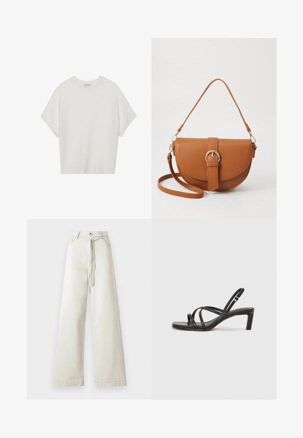 Biała koszulka z krótkim rękawem o szerokim dekolcie, wykonana z miękkiego materiału, z fakturowanym prążkowanym wzorem, charakteryzująca się luźnym krojem i minimalistycznym designem.; Jasno beżowe spodnie typu wide-leg z denimu, z wysokim stanem, zapięciem na guzik i materiałowym paskiem. Gładka faktura z subtelnym połyskiem.; Czarne sandały na obcasie z prostokątnym noskiem i niskim słupkowym obcasem. Posiadają wiele cienkich pasków i regulowany pasek na kostkę. Wykonane z gładkiej skóry.; Brązowa skórzana torba na ramię o zaokrąglonym kształcie, ze złotymi akcentami i zapięciem w formie klamry. Posiada odpinany pasek na ramię.