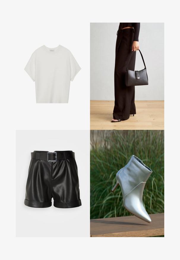 Weißes T-Shirt mit kurzen Ärmeln, weitem Rundhalsausschnitt und strukturiertem Rippenmuster, aus weichem Stoff, mit legerer Passform und einem klaren Design.; Schwarze Lederhorts mit breitem Bund und silberner Schnalle. Mit gefälteltem Frontbereich und umgeschlagenen Säumen. Glatte Textur und taillierte Passform.; Glänzende silberne High-heeled Stiefelette mit spitzem Zehen und Reißverschluss, auf einer Holzoberfläche vor grünem Gras im Hintergrund balanciert.; Schwarze Handtasche mit strukturierter Form, glatter Textur und einem metallischen Verschluss. Kombiniert mit weiten schwarzen Hosen und offenen Sandalen auf einem Holzboden.
