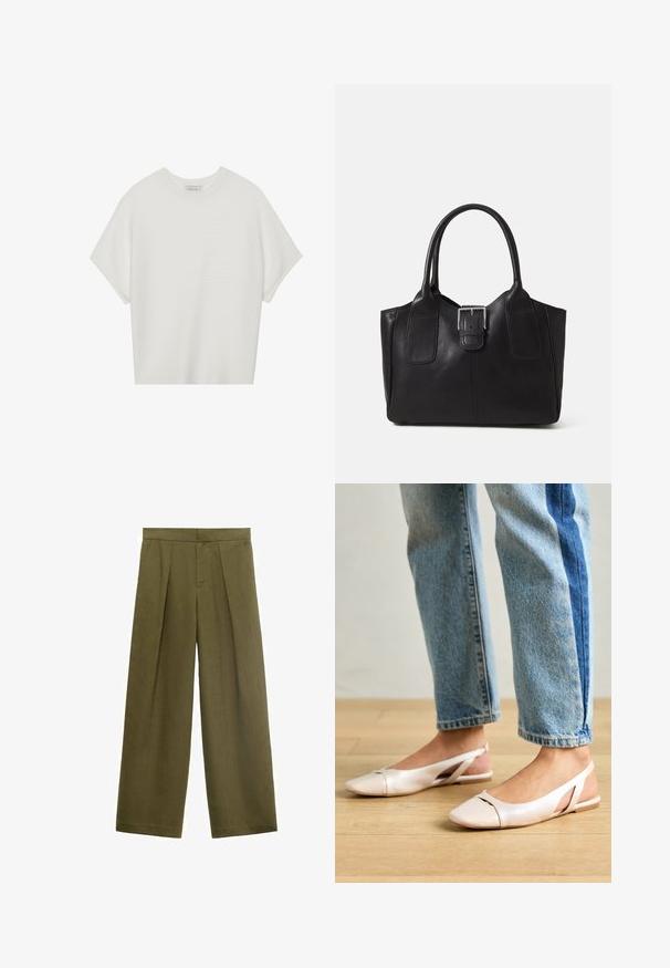 Bela majica s kratkimi rokavi in širokim ovratnikom ter teksturiranim rebrastim vzorcem, izdelana iz mehke tkanine, z udobnim krojem in čistim dizajnom.; Olivno zelene široke hlače izTextured materiala, ki imajo sprednje gube in zadrgo, z ravnim fitom in brez vidnih žepov.; Svijetloružičaste slingback balerinke s šiljastim nožnim prstima, napravljene od glatkog materijala nalik koži. Imaju izrezane detalje sa strane i ravne pete.; Črna usnjena torba s gladko teksturo, strukturirano obliko, dvema ročkama in izrazitim srebrnim sponko na sprednji strani.