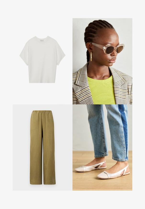 Valge lühikeste varrukatega T-särk laia ümaraha kaelusega ja tekstureeritud ribapatterniga, pehmest kangast, lõdva istuvuse ja puhta disainiga.; Kheki laiad püksid elastse vöökohaga, valmistatud pehmest puuvillaste materjalidest. Omavad külgi lõhesid ja sirget lõiget, pakkudes mugavat istuvust.; Kahvatu roosa slingback lapikute jalatsite paar, millel on terav varvas, valmistatud siledast nahataolisest materjalist. Omab külgedel lõikekohti ja lapikut kontsa.; Selged kassikujulised prillid pruuni läätsedega ja läbipaistvate raamidega. Mudel kannab roheline sooniktopi ja ruudulist bleiserit. Kuldne rõngas kõrvarõngad.