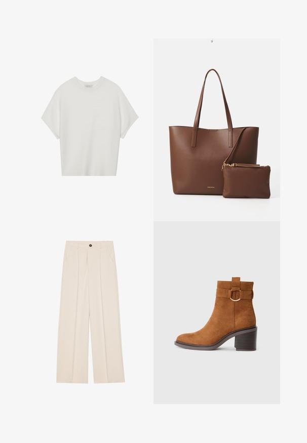 Balta īsā piedurknē T-krekls ar plašu apļa kaklu un teksturētu ribu rakstu, izgatavots no mīksta auduma, ar brīvu piegriezumu un tīru dizainu.; Augsta vidukļa, plaša kāju bikses krēmkrāsā audumā, ar divām sānu kabatām, vienu priekšējo pogu un priekšējiem krokām papildu detaļai.; Brūni zamšaini potīšu zābaki ar noapaļotu purngalu, blokveida papēdi un dekoratīvu jostu ar apaļu sprādzi.; Brūns mākslīgās ādas somiņa ar divām garām rokturiem un atbilstošu mazu maciņu. Virsma ir ar strukturētu rakstu un zelta aksesuāriem.