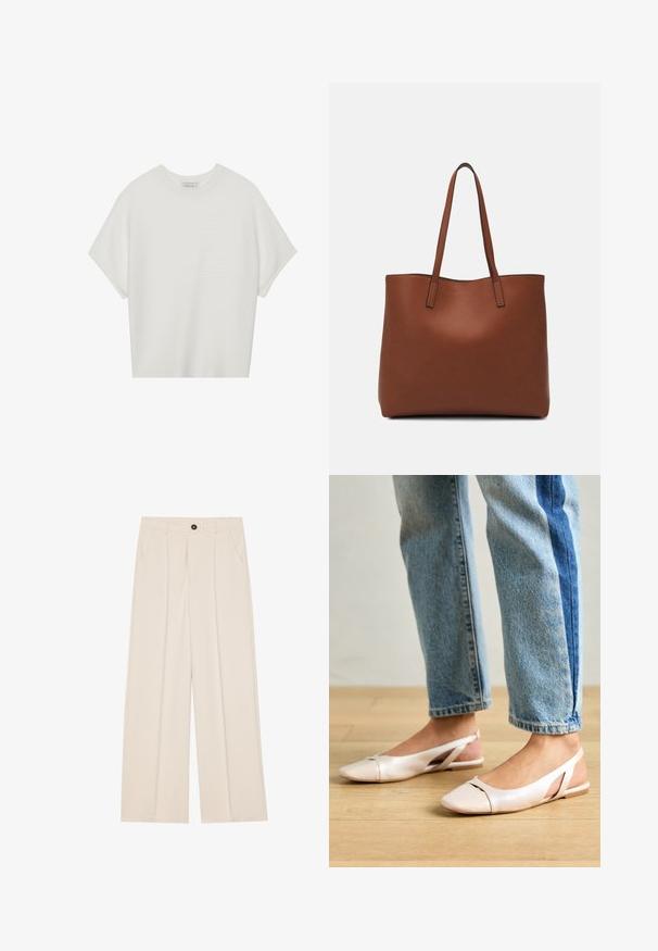 Balta īsā piedurknē T-krekls ar plašu apļa kaklu un teksturētu ribu rakstu, izgatavots no mīksta auduma, ar brīvu piegriezumu un tīru dizainu.; Augsta vidukļa, plaša kāju bikses krēmkrāsā audumā, ar divām sānu kabatām, vienu priekšējo pogu un priekšējiem krokām papildu detaļai.; Bālti rozā siksniņu dzīvokļi ar smailu purngalu, izgatavoti no gludas ādas līdzīgās materiāla. Iezīmē izgriezumu detaļas sānos un platu papēdi.; Brūna ādas iepirkumu soma ar gludu tekstūru, atvērta augšdaļa un divas plecu siksnas. Izceļas ar minimālām šuvēm un redzamu aparatūru nav.