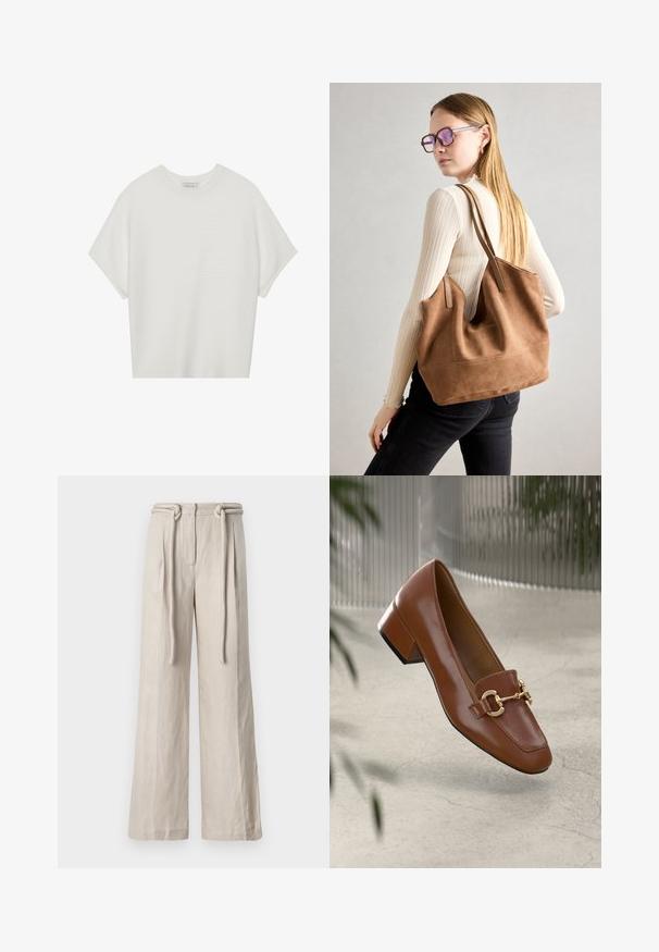 T-shirt blanc à manches courtes avec un large col rond et un motif côtelé texturé, fabriqué en tissu doux, présentant une coupe décontractée et un design épuré.; Pantalons larges en lin beige clair avec une taille haute, des plis avant et un détail de ceinture nouée. Texture lisse et coupe décontractée.; Mocassin en cuir verni marron avec un bout carré, accent de chaîne métallique et petit talon carré ; texture lisse, design minimaliste.; Sac fourre-tout en daim marron avec une texture douce, grande ouverture et longues sangles. Présente un design simple avec des coutures visibles et sans matériel.