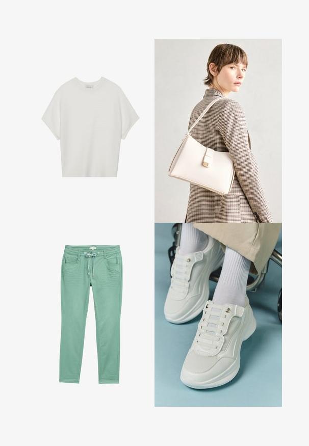 Witte T-shirt met korte mouwen, een brede ronde hals en een gestructureerd ribpatroon, gemaakt van zachte stof. Het shirt heeft een ontspannen pasvorm en een strakke uitstraling.; Muntgroene broek van zachte stof, met een trekkoord in de taille, twee voorzakken en subtiele stiksels langs de zijnaad.; Witte sneakers met een mesh materiaal, rubberen zool, vetersloze uitvoering met elastische banden en gouden accenten.; Witte leren handtas met een gestructureerd ontwerp, voorzien van een magneetsluiting en een schouderriem, tentoongesteld tegen een neutrale achtergrond.