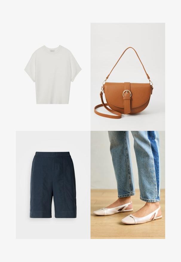 Bílý krátký rukáv tričko s širokým kulatým výstřihem a texturovaným žebrovaným vzorem, vyrobené z měkké látky, s uvolněným střihem a čistým designem.; Námořnické modré šortky vyrobené z lehkého materiálu, s rovnými nohavicemi, dvěma předními kapsami a jemnými detaily šití.; Světle růžové slingback baleríny s špičatou špičkou, vyrobené z hladkého koženému materiálu. Obsahují vystřihovací detaily po stranách a plochý podpatek.; Hnědá kožená křížová taška s zakřiveným tvarem, zlatými detaily a akcentem s přezkou. Obsahuje odnímatelný popruh na rameno.
