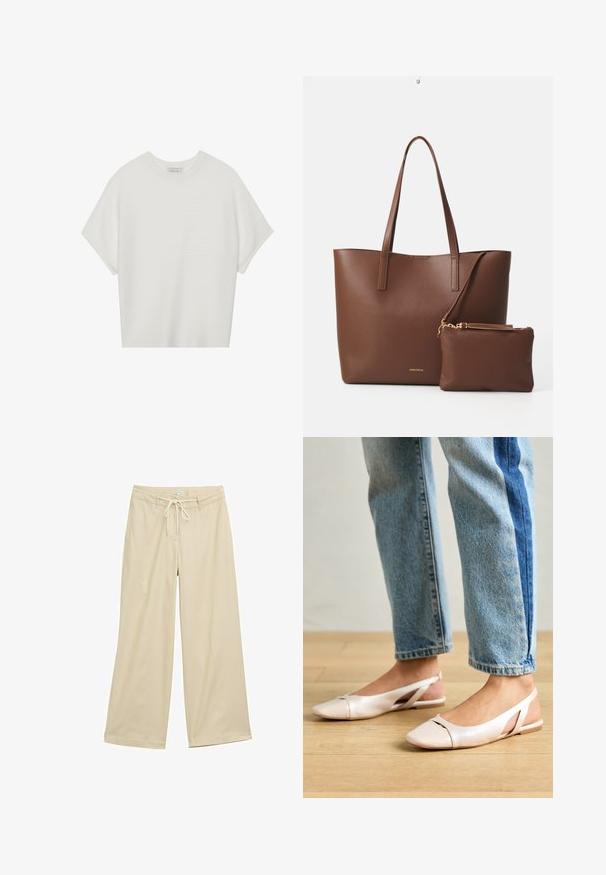 Balta trumpa rankovėmis marškinėliai su plačiu apykakle ir tekstūruotu gumbelių raštu, pagaminti iš minkštos medžiagos, pasižymintys laisvu siluetu ir tvarkingu dizainu.; Šviesiai rusvos plačios kelnės su raišteliu juosmenyje, pagamintos iš lengvos medžiagos. Pasipuošusios subtiliais vertikaliais raštais ir dviem šoninėmis kišenėmis.; Šviesiai rožiniai slingback baleto bateliai su smailiu pirštu, pagaminti iš lygios odai panašios medžiagos. Yra išpjovimų detalės šonuose ir plokščias kulnas.; Ruda dirbtinė odinė rankinė su dviem ilgamis rankenomis ir atitinkamu mažu krepšiu. Paviršius turi tekstūruotą raštą ir auksinius apdailos elementus.