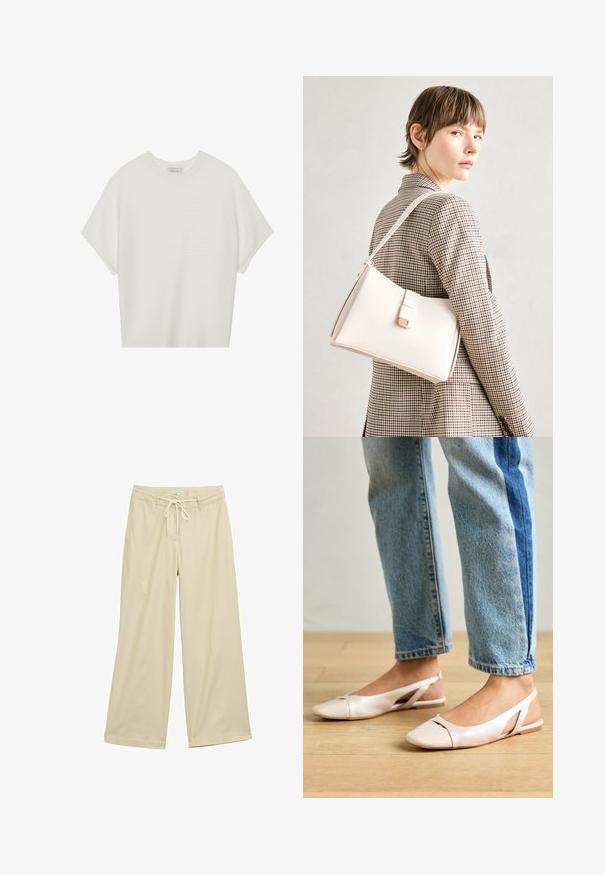 Biała koszulka z krótkim rękawem o szerokim dekolcie, wykonana z miękkiego materiału, z fakturowanym prążkowanym wzorem, charakteryzująca się luźnym krojem i minimalistycznym designem.; Beżowe spodnie o szerokich nogawkach z wiązaniem w talii, wykonane z lekkiego materiału. Posiadają subtelne pionowe paski i dwie boczne kieszenie.; Jasnoróżowe baleriny na odkrytej pięcie z wąskim noskiem, wykonane z gładkiego materiału imitującego skórę. Posiadają wycięcia po bokach oraz płaski obcas.; Biała skórzana torebka o strukturalnym wzorze, z magnetycznym zapięciem i paskiem na ramię, zaprezentowana na neutralnym tle.