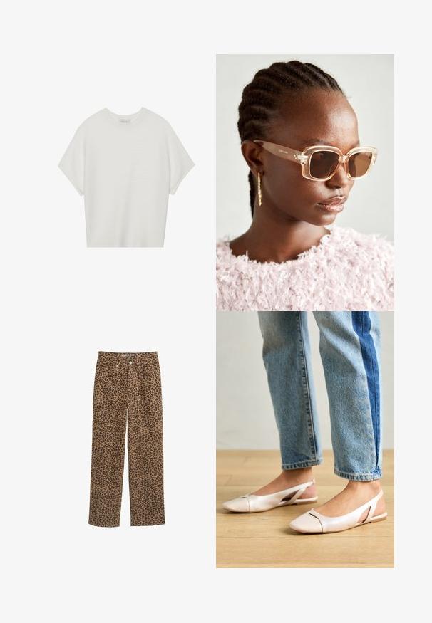 Balta trumpa rankovėmis marškinėliai su plačiu apykakle ir tekstūruotu gumbelių raštu, pagaminti iš minkštos medžiagos, pasižymintys laisvu siluetu ir tvarkingu dizainu.; Leopardų rašto džinsai, vidutinio liemens, tiesaus kirpimo, su rudais ir juodais raštais, mygtuko užtrauktuku ir penkių kišenių dizainu.; Šviesiai rožiniai slingback baleto bateliai su smailiu pirštu, pagaminti iš lygios odai panašios medžiagos. Yra išpjovimų detalės šonuose ir plokščias kulnas.; Šviesiai rudos oversized saulės akiniai su skaidriais rėmeliais ir rudais tonuotais objektyvais, turintys subtilių gėlių akcentų ir drąsų, geometrinį dizainą.