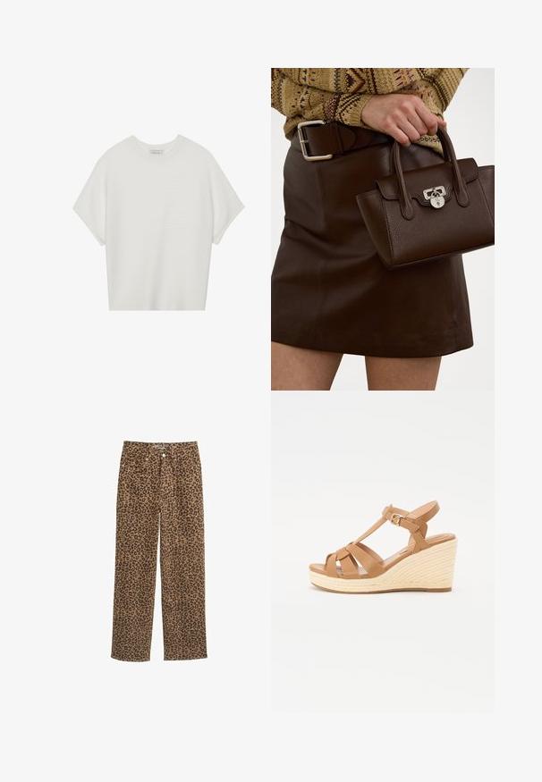 Valge lühikeste varrukatega T-särk laia ümaraha kaelusega ja tekstureeritud ribapatterniga, pehmest kangast, lõdva istuvuse ja puhta disainiga.; Leopardimustrilised denimipüksid, keskmise tõusuga, sirge jala lõikega, pruuni ja musta mustriga, nööpkinniti ja viie taskuga disain.; Kohandatud tan värvi vitsseendiga sandaalid, millel on ristuv rihma disain, reguleeritav pahkluu pandla ning tekstuuriga kootud espadrilli stiilis kõrge konts.; pruun nahast käekott tekstuuriga viimistlusega ja hõbedase riistvaraga, hoituna käes pruun nahkse seeliku ja mustriga sviidiga.