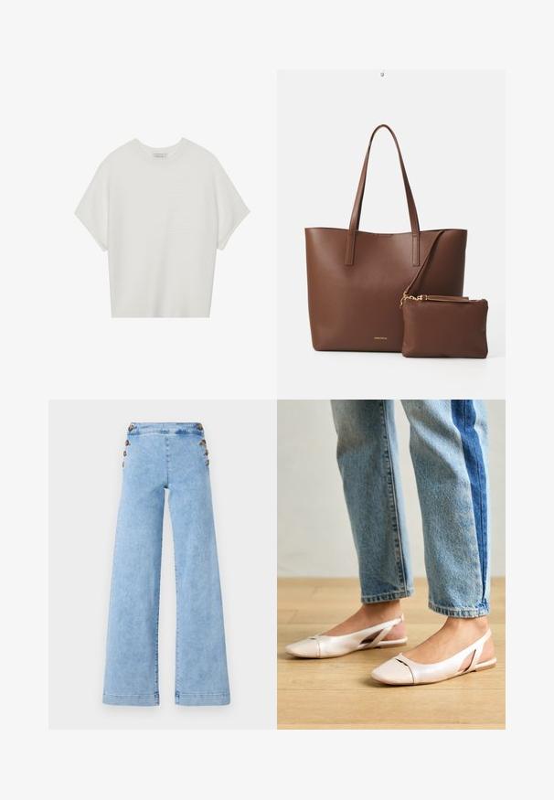 Biela tričko s krátkym rukávom a širokým okrúhlym výstrihom, s textúrovaným rebrovaným vzorom, vyrobené z mäkkej látky, s uvoľneným strihom a čistým dizajnom.; Svetlomodré denimové nohavice s širokými nohavicami a vysokým pásom, so kovovými gombíkmi po stranách a hladkou, mierne opotrebovanou textúrou.; Svetloružové slingback baleríny s jemne špicatou špičkou, vyrobené z hladkého materiálu pripomínajúceho kožu. Majú výrezové detaily na stranách a plochý opätok.; Hnedá taška z umelej kože s dvoma dlhými uchami a zodpovedajúcou malou taštičkou. Povrch má textúrovaný vzor a akcenty zlatého kovania.