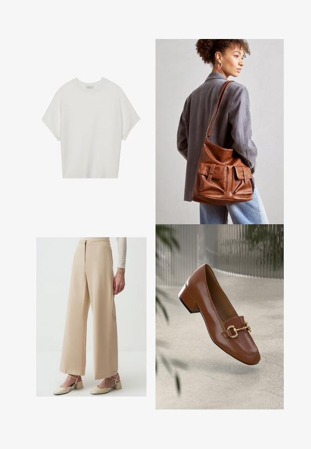 Witte T-shirt met korte mouwen, een brede ronde hals en een gestructureerd ribpatroon, gemaakt van zachte stof. Het shirt heeft een ontspannen pasvorm en een strakke uitstraling.; Beige wijde broekspijpen van smooth stof, met hoge taille, plooien en een nette afwerking. Gecombineerd met beige hakken.; Bruine lakleren loafer met vierkante neus, metallic kettingaccent en lage blokhak; gladde textuur, minimalistisch ontwerp.; Bruin lederen emmerzak met twee voorzakken met gespsieraden. De tas heeft een gladde textuur en een verstelbare schouderriem.