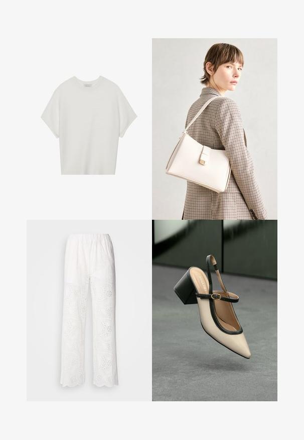 Balta trumpa rankovėmis marškinėliai su plačiu apykakle ir tekstūruotu gumbelių raštu, pagaminti iš minkštos medžiagos, pasižymintys laisvu siluetu ir tvarkingu dizainu.; Balti medvilniniai kelnes su banguotu apdaila, turinčios skylių raštą ir laisvą siluetą, sukurtos su elastinga juosmens juosta patogumui.; Šviesiai rudos suknelės bateliai su juodu apvadu, auksine sagtimi ir masyviu blokiniu kulnu, stovintys ant pilkos grindų su tamsiai žalia fonu.; Balto odos rankinė su struktūrizuotu dizainu, turinti magnetinį užsegimą ir petnešą, demonstruojama prieš neutralią foną.