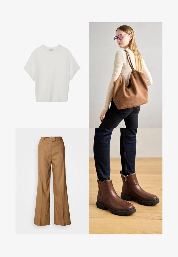 Valge lühikeste varrukatega T-särk laia ümaraha kaelusega ja tekstureeritud ribapatterniga, pehmest kangast, lõdva istuvuse ja puhta disainiga.; Pruunid laiad püksid, mis on valmistatud kerge kangast. Omavad tasast esiosa, vöökohtade keerutusi ning kohandatud siluetti, millel on pahkluu pikkus.; Pruunist nahast pahkluu saapad, millel on lukuga sulgemine, tekstureeritud pind, paks must kummitald ja pehme sulevooder pahkluul.; Pruunist suedi kott pehme tekstuuriga, suure ava ja pikkade rihmadega. Omab lihtsat disaini nähtava õmblusega ja ilma metalldetailideta.