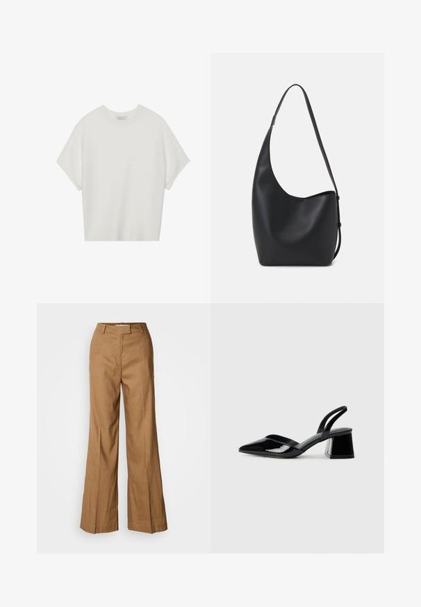 Biela tričko s krátkym rukávom a širokým okrúhlym výstrihom, s textúrovaným rebrovaným vzorom, vyrobené z mäkkej látky, s uvoľneným strihom a čistým dizajnom.; Hnedé široké nohavice vyrobené z ľahkej tkaniny. Majú plochý predný diel, púzdra na opasok a prispôsobený strih s dĺžkou po členky.; Čierne lakované kožené sandálové podpätky s špicatou špičkou a geometrickým blokovým podpätkom. Disponujú elegantným, minimalistickým dizajnom a hladkým povrchom.; Čierna kožená hobo taška so hladkou textúrou, zakriveným tvarom a jedným nastaviteľným popruhom; má široké otvorenie na vrchu.