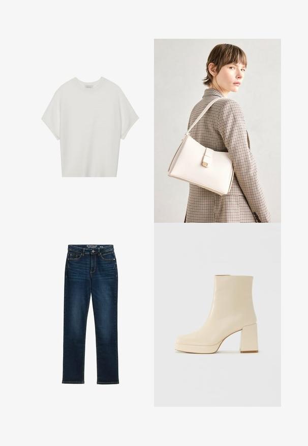 Bílý krátký rukáv tričko s širokým kulatým výstřihem a texturovaným žebrovaným vzorem, vyrobené z měkké látky, s uvolněným střihem a čistým designem.; Tmavě modré džíny rovného střihu vyrobené z denimu, s pěti kapsami, kovovým zapínáním na knoflík a kontrastním prošíváním. Bez viditelných známek opotřebení.; Béžová kožená kotníková bota s blokovým podpatkem a platformovou podrážkou, hladký povrch a mírně čtvercová špička, otočená vlevo na bílém pozadí.; Bílá kožená kabelka se strukturálním designem, s magnetickým uzávěrem a ramenním popruhem, prezentovaná na neutrálním pozadí.