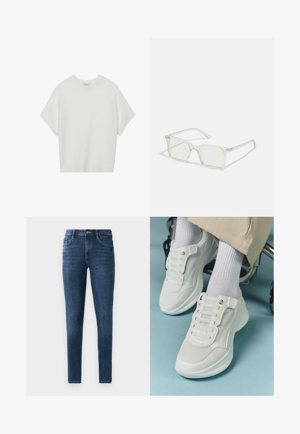 Camiseta branca de mangas curtas com um decote careca largo e um padrão texturizado canelado, feita de tecido suave, com um corte relaxado e um design limpo.; Jeans skinny em denim azul escuro com um design clássico de cinco bolsos, fecho frontal com botão e detalhes de costura subtil. Textura suave em todo o tecido.; Tênis brancos com material em rede, sola de borracha, design sem atacadores com faixas elásticas e detalhes em tom dourado.; Óculos quadrados de plástico transparente com lentes translúcidas, apresentando detalhes em dourado nas hastes.