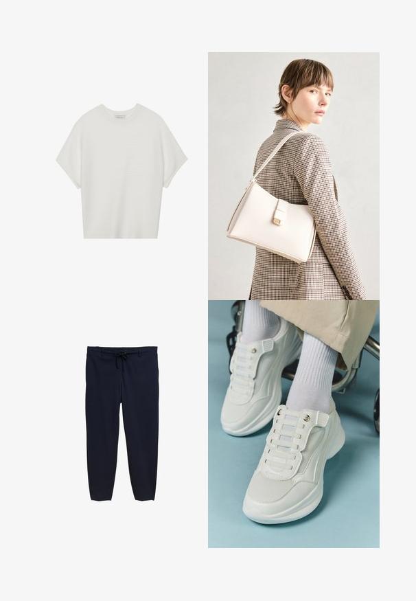 Hvid kortærmet t-shirt med en bred rund hals og struktureret ribbet mønster, lavet af blødt stof, med en afslappet pasform og et enkelt design.; Mørkeblå bukser med elastisk talje og snor. Materialet er glat, med en tapered benstruktur og uden synlige mønstre.; Hvide sneakers med mesh-materiale, gummisål, snørebåndsfri design med elastiske bånd og guldtonede accenter.; Hvid læder håndtaske med en struktureret design, der har en magnetlukning og en skulderrem, præsenteret mod en neutral baggrund.