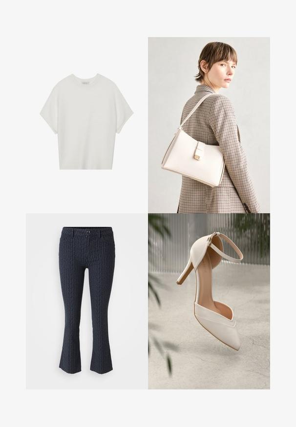 T-shirt blanc à manches courtes avec un large col rond et un motif côtelé texturé, fabriqué en tissu doux, présentant une coupe décontractée et un design épuré.; Jeans évasés bleu marine avec un motif géométrique en relief. Comprend une fermeture à bouton, cinq poches et un tissu texturé.; Chaussure à talons hauts blanche en matériau lisse, avec un bout pointu et une sangle autour de la cheville. Présente un intérieur beige clair et des accents en matériel doré.; Sac à main en cuir blanc au design structuré, doté d'un fermoir magnétique et d'une bandoulière, présenté sur un fond neutre.