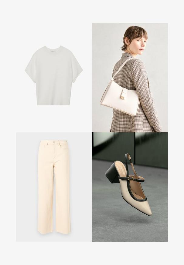 Bílý krátký rukáv tričko s širokým kulatým výstřihem a texturovaným žebrovaným vzorem, vyrobené z měkké látky, s uvolněným střihem a čistým designem.; Béžové široké džíny vyrobené z bavlny, s vysokým pasem, zapínáním na knoflík a dvěma předními kapsami s hladkým strukturovaným povrchem.; Béžový sandál na vysokém podpatku se zavazováním za patou, špičatou špičkou, černým lemováním a detaily přezky. Hladký materiál s matným povrchem, středně vysoký blokový podpatek.; Bílá kožená kabelka se strukturálním designem, s magnetickým uzávěrem a ramenním popruhem, prezentovaná na neutrálním pozadí.