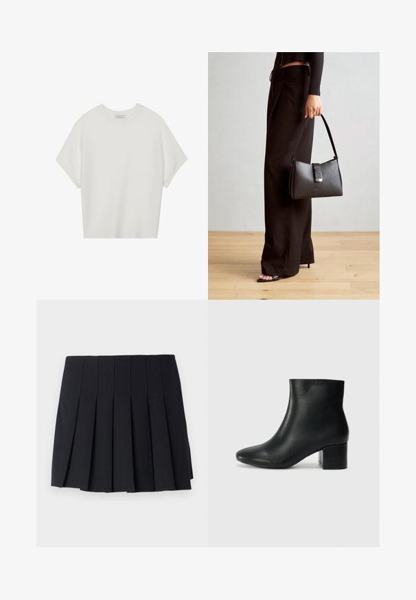 Balta īsā piedurknē T-krekls ar plašu apļa kaklu un teksturētu ribu rakstu, izgatavots no mīksta auduma, ar brīvu piegriezumu un tīru dizainu.; Melnā pleitotā svārku svārku izgatavoti no mīksta auduma. Piedāvā vertikālās šuves un elastīgu jostasvietu ērtībai. Vidēja garuma līdz augšstilbam, minimālisma dizains.; Melna ādas potīšu zābaki ar smailu purngalu un masīlu papēdi. Gluda tekstūra ar minimāliem akcentiem un gludu, pieguļošu dizainu.; Melnā somiņa ar strukturētu formu, gludu tekstūru un metālu sprādzi. Saskaņota ar platām melnām biksēm un sandālēm ar atvērtu purngalu uz koka grīdas.