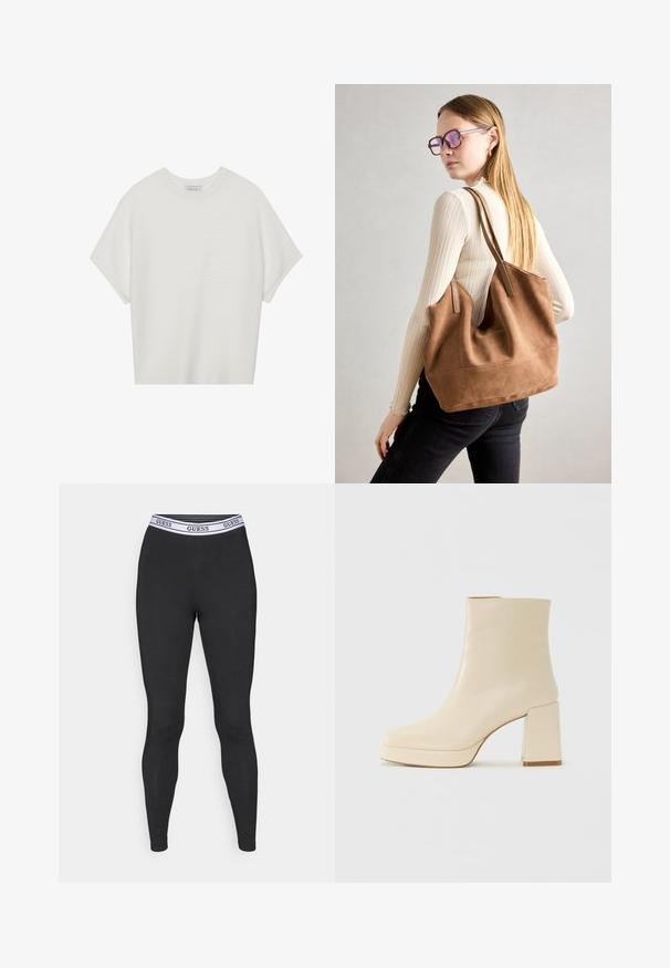 Hvit t-skjorte med korte ermer, bred rund hals og teksturert ribbet mønster, laget av myk stoff, med en avslappet passform og et enkelt design.; Sorte leggings med en tettsittende design, laget av stretchtøy. Har en hvit elastikk med "GUESS"-logo. Glatt tekstur, uten mønstre.; Beige lærankelstøvlett med blokkhæl og plattformsåle, glatt overflate og lett firkantet tå, vendt mot venstre på hvit bakgrunn.; Brun semsketotebag med myk tekstur, stor åpning og lange stropper. Har et enkelt design med synlig søm og uten maskinvare.